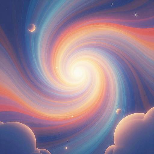 Digital artwork of a vibrant, swirling galaxy with a bright, glowing sun at the center, surrounded by colorful streaks and floating planets, set against a