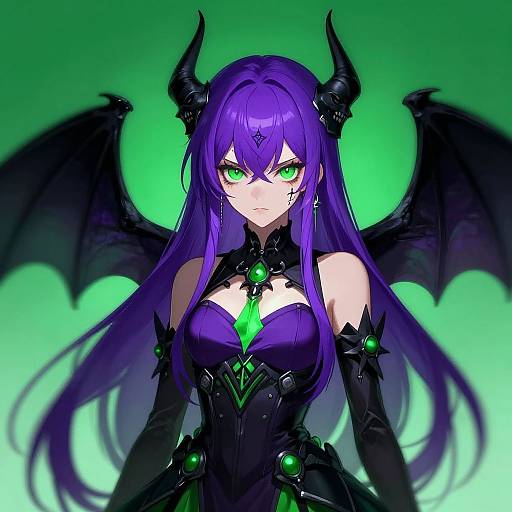 Digital anime-style drawing of a purple-haired demon girl with green eyes, black horns, bat wings, and a dark, glowing green outfit.