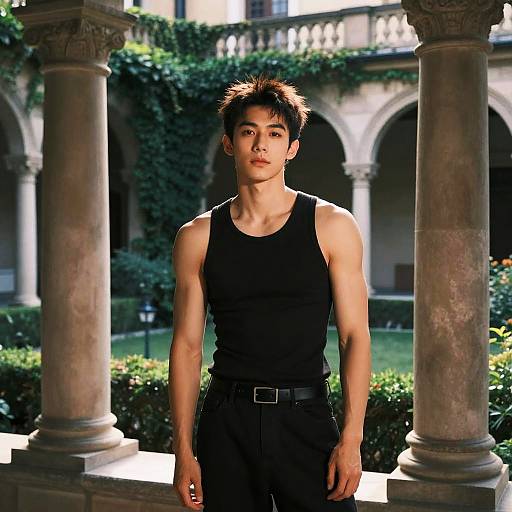 Photograph of a muscular East Asian man with short, spiky black hair, wearing a black tank top and pants, standing between stone columns in a