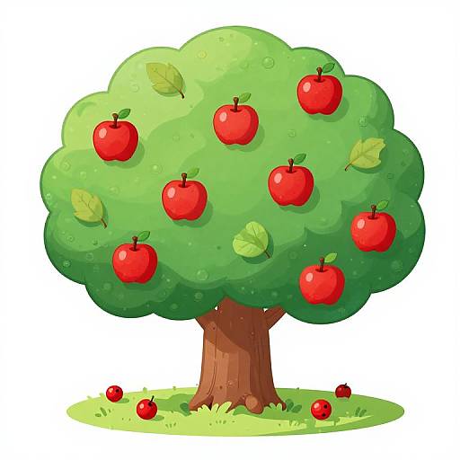 Colorful digital illustration of a lush green apple tree with nine bright red apples, scattered leaves, and a brown trunk, set against a white background.