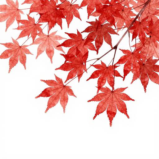Watercolor illustration of vibrant red maple leaves with detailed veins, hanging from branches against a stark white background.