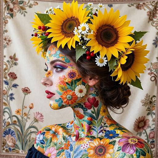 Photograph of a woman with vibrant, sunflower and flower-patterned face and hair, wearing a floral crown, against a floral-patterned background.