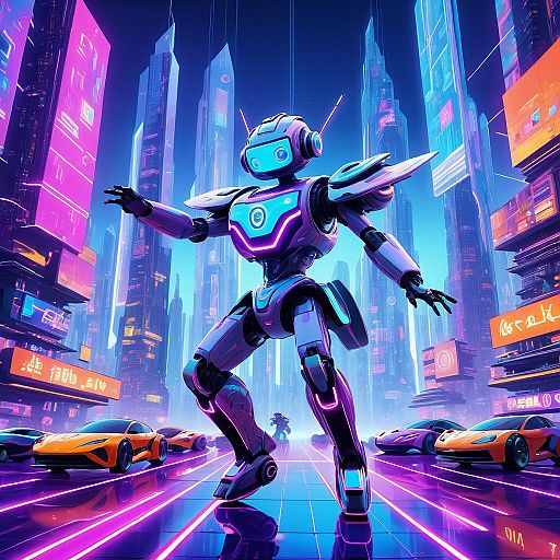 Whimsical Dancing Robot in Neon City Whimsical Dancing Robot in Neon City