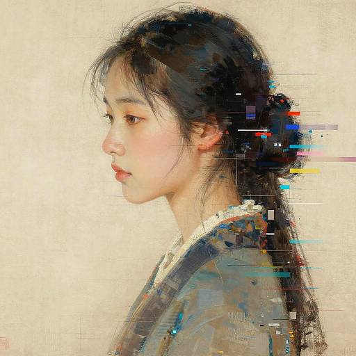 Portrait of Asian Woman with Digital Glitch Art