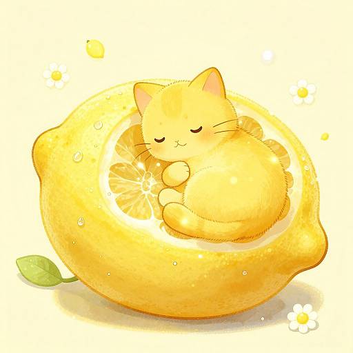 Adorable digital illustration of a yellow-orange, sleeping cat nestled inside a bright, citrus-like fruit with a small green leaf and white flower nearby.
