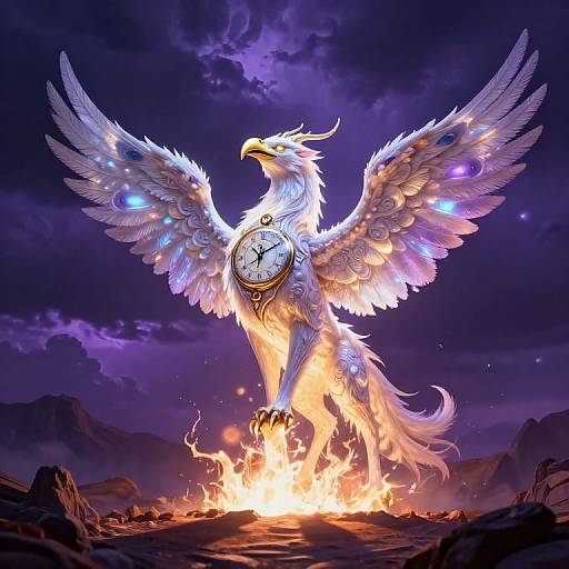 Digital artwork of a majestic, white-feathered phoenix with glowing blue eyes and outstretched wings, standing on fiery rocks under a purple, cloudy