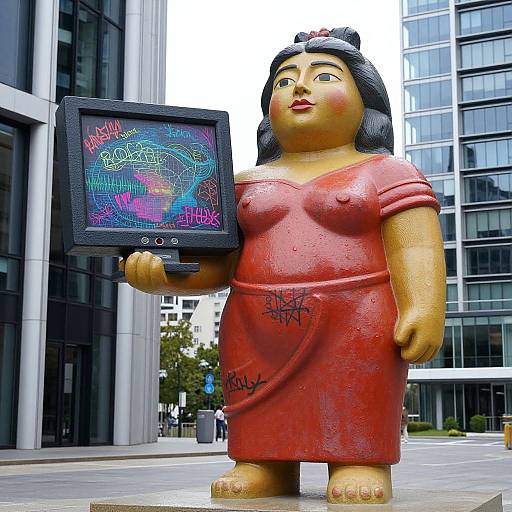 Photograph of a large, yellow-skinned, Asian woman statue in a red dress holding a graffiti-covered TV, standing in a modern city plaza with