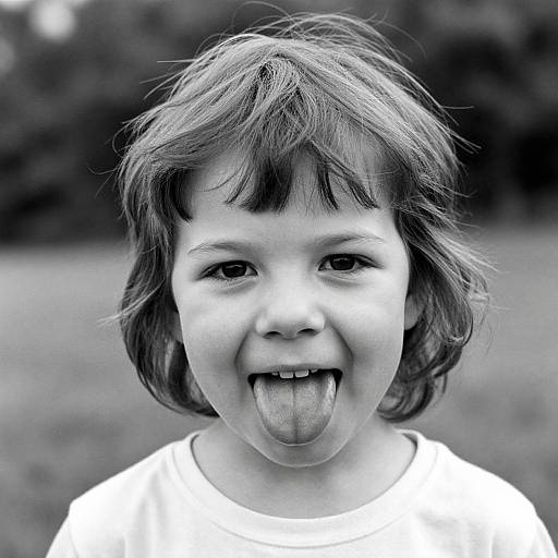 Black-and-white photograph of a young child with medium-length, slightly messy hair, sticking out tongue and smiling, wearing a plain white shirt, blurred outdoor