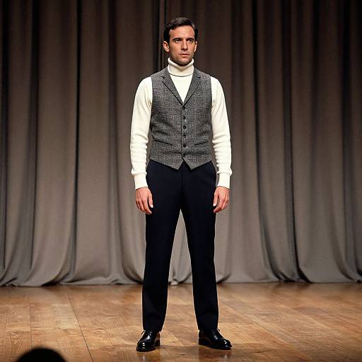 Photograph of a man with short dark hair, dressed in a white turtleneck, grey herringbone vest, black trousers, and black shoes