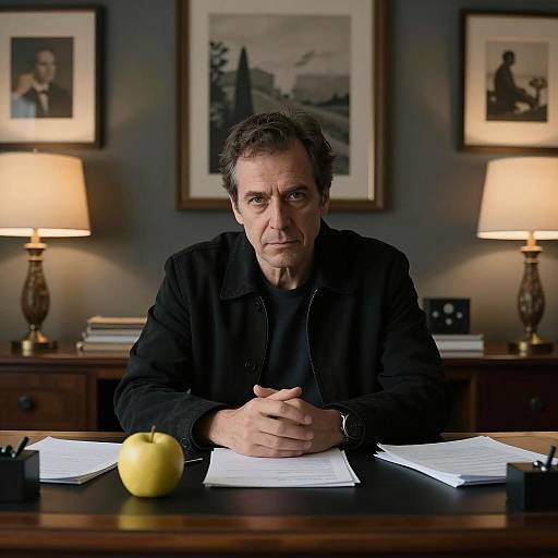 Serious Man at Dark Wooden Desk