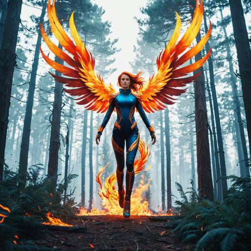 Woman with Fiery Phoenix Wings in Forest
