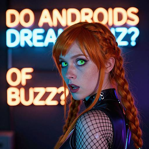 Photograph of a red-haired woman with green eyes, braided hair, fishnet top, black leather, neon 