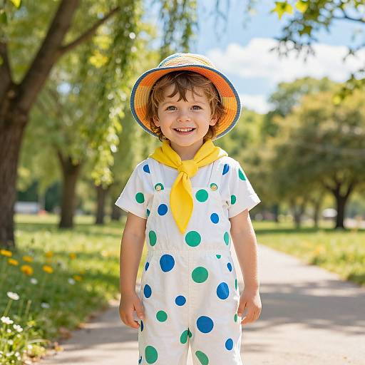 Photograph of a smiling young boy with curly brown hair, wearing a white dress with blue and green polka dots, yellow scarf, and straw hat