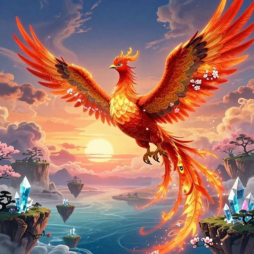 Digital art of a vibrant, fiery phoenix with outstretched wings, surrounded by floating islands, glowing crystals, and a pink-orange sunset sky.