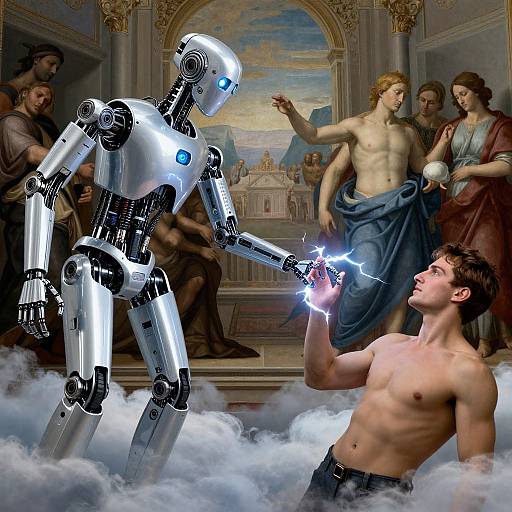 Mechanical Robot Touching Man on Clouds