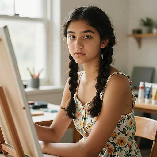 Photograph of a young woman with dark hair in braids, wearing a floral dress, painting at a wooden easel in a sunlit room.