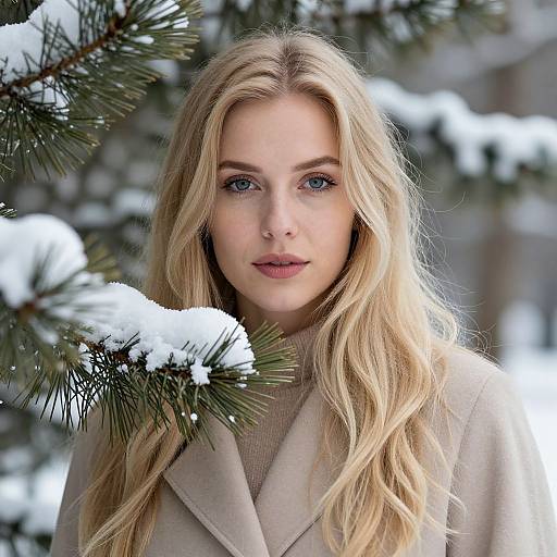 Photograph of a blonde woman with blue eyes, wearing a beige coat, standing in a snowy, pine-tree-filled background.