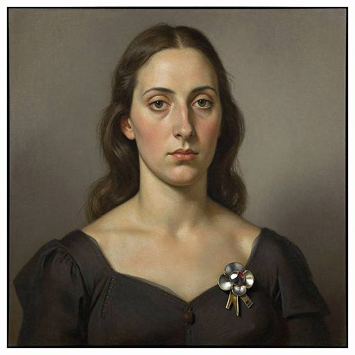 Classical portrait painting of a young woman with fair skin, dark brown wavy hair, wearing a black dress, and a flower brooch, against