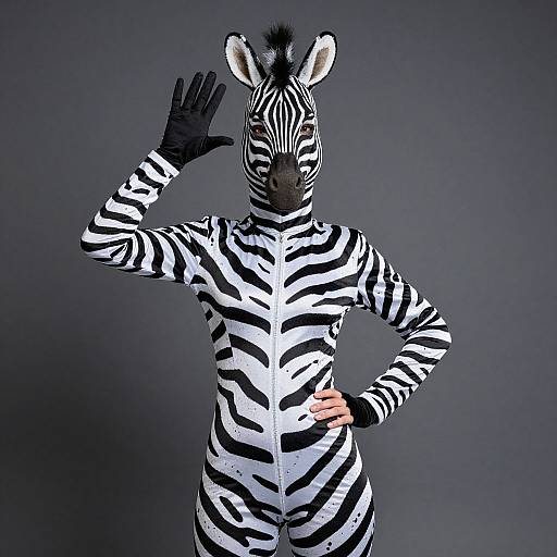 Photograph of a person in a zebra-striped bodysuit and black glove, standing against a dark gray background, waving with one hand and posing
