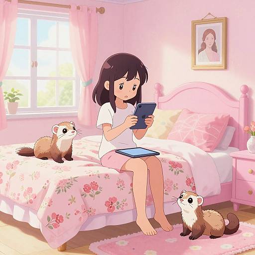 Anime-style drawing of a cute girl with black hair in a white dress, sitting on a pink floral bed, playing a tablet, with two ferrets