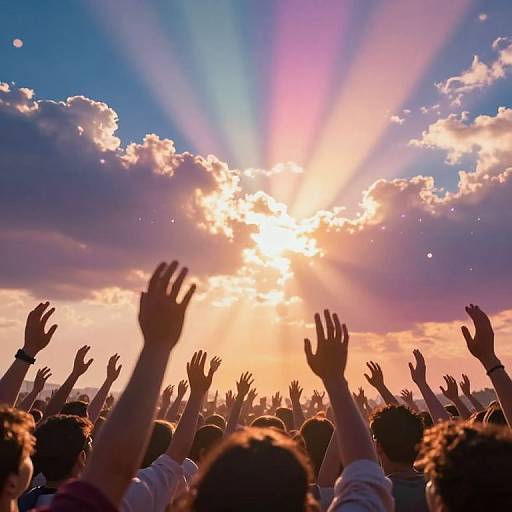 Photograph of a sunlit, colorful sky with rays piercing through clouds, silhouetted crowd raising hands in excitement.