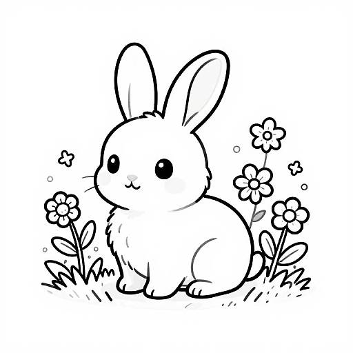 Black and white line drawing of a cute, chibi-style bunny with large eyes and ears, sitting among small flowers and grass.