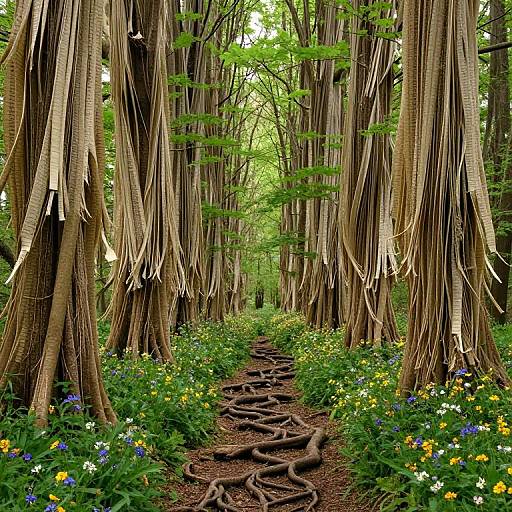 Photograph of a forest path lined with tall trees with thick, dangling roots, surrounded by vibrant greenery and colorful wildflowers.