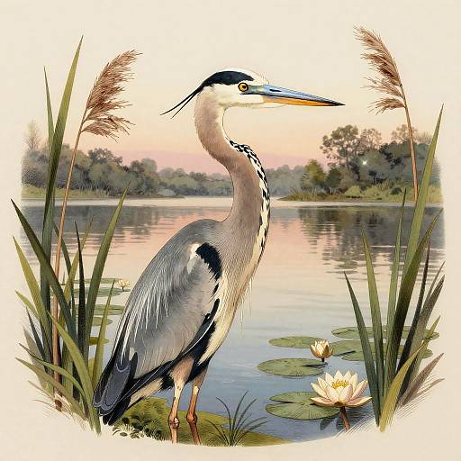 Elegant Grey Heron by Twilight Lake