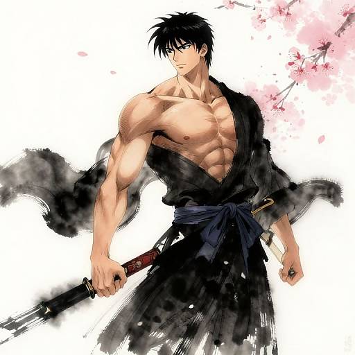 Muscular, shirtless anime man with black hair and blue eyes, holding a katana, wearing a torn black kimono, against a white background