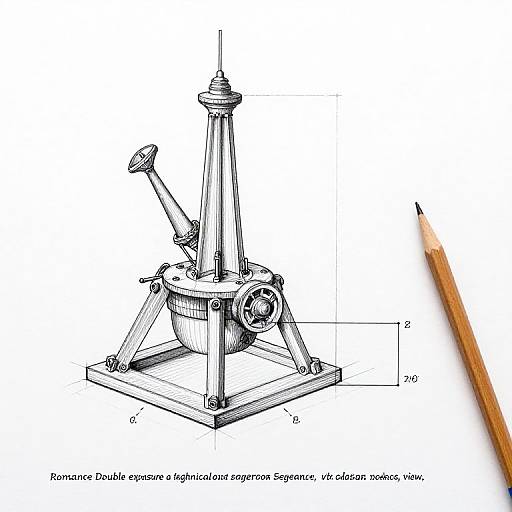 Technical drawing of a double-exposure lightened syrup dispenser, labeled with dimensions, and a sharpened pencil on the right.