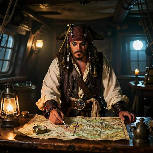 Fat Pirate Navigator in Ship Cabin