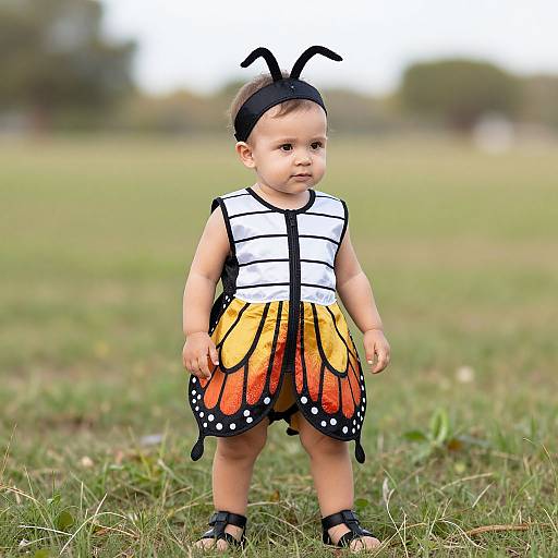 Photograph of a baby standing on grass, wearing a black headband, sleeveless white and black bodysuit, orange and yellow butterfly skirt,