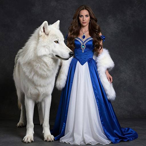 Photograph of a fair-skinned woman with long brown hair in a blue and white satin gown with fur trim, standing next to a large white wolf