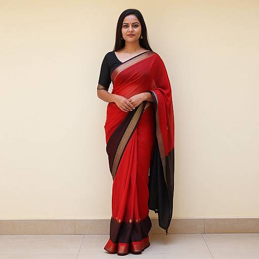 Photograph of a South Asian woman with long black hair, wearing a red and black traditional saree with gold trim, standing against a plain beige wall