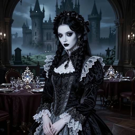 Gothic-style photograph of a pale, dark-haired woman in a black lace dress, standing in a dimly lit, castle-themed dining hall with