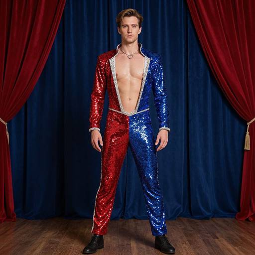 Photograph of a handsome young man with short brown hair, wearing a sequined red and blue suit, open to the chest, standing confidently in front