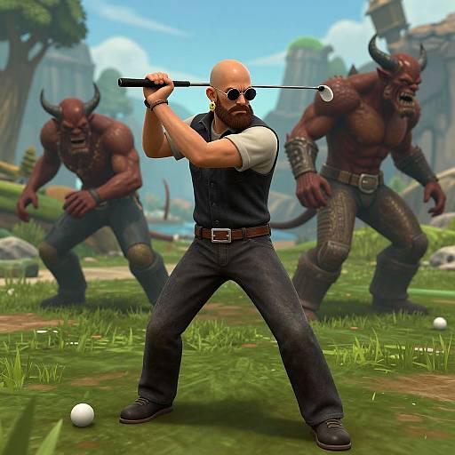 Bald man with sunglasses and vest swings golf club, two muscular, horned demons in background, grassy battlefield, CGI image.