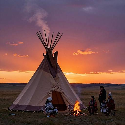 Photograph of a Native American-style teepee at sunset, with six people sitting around a campfire, against a vibrant orange and purple sky.