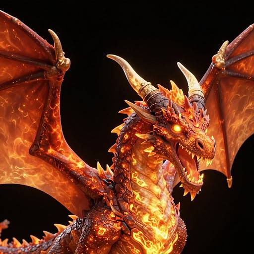 CGI image of a fierce, glowing red and orange dragon with sharp horns, fiery eyes, and outstretched wings against a black background.
