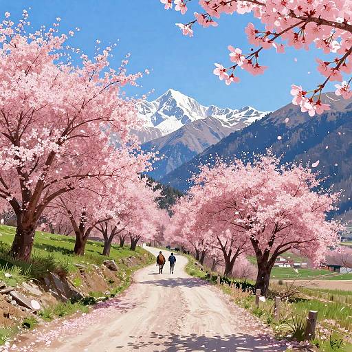 Digital painting of a cherry blossom-lined road with two people walking, snow-capped mountains in the background, bright blue sky.