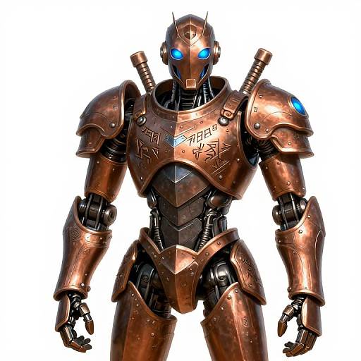 Digital artwork of a metallic, copper-colored robot with blue glowing eyes, intricate designs on chest plate, and shoulder cannons, standing against a white background.