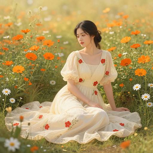 Photograph of a fair-skinned woman with dark hair in a white, short-sleeved dress, sitting in a sunlit field of orange and