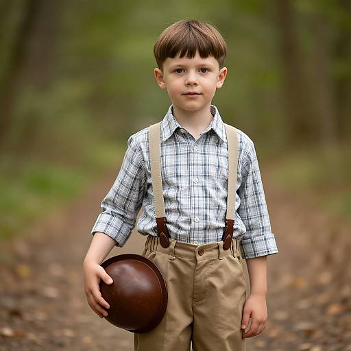 Photograph of a young boy with brown hair, wearing a plaid shirt, beige pants, and suspenders, holding a brown hat, standing on
