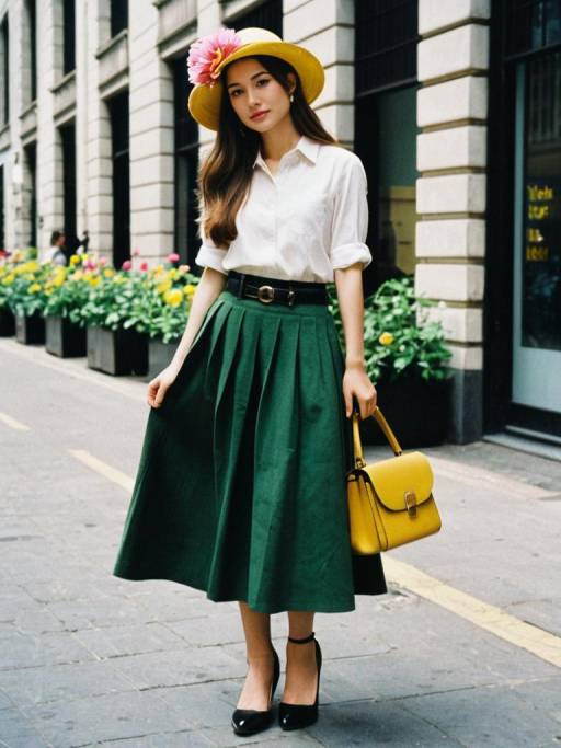 Elegant Woman Wearing Green Skirt and Yellow Hat with Pink Flower