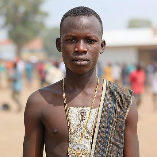 Photograph of a young, shirtless African boy with dark skin, short hair, and a gold necklace, standing outdoors in a blurred, sunlit
