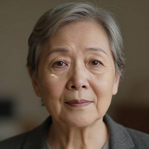 Photograph of an elderly Asian woman with short gray hair, gentle smile, light wrinkles, wearing a dark gray coat, softly lit indoors.