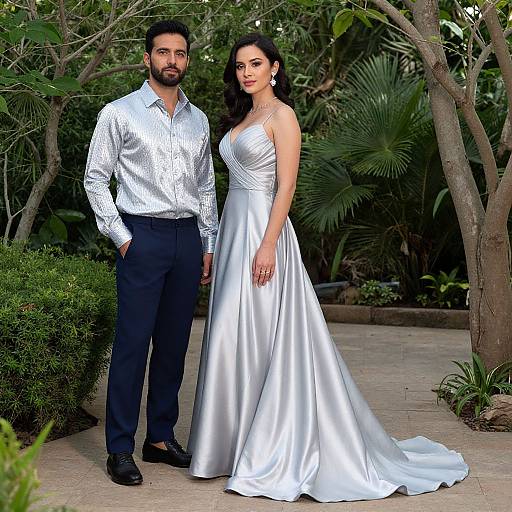 Photograph of an Indian couple: bearded man in white patterned shirt and black pants, woman in silver satin strapless gown, standing in lush