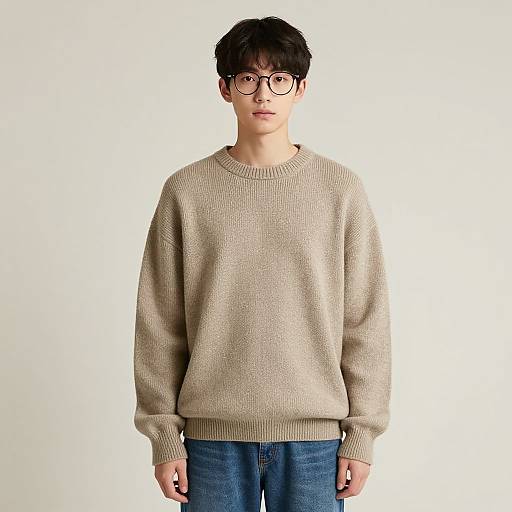 Photograph of an Asian male with short black hair, wearing black-rimmed glasses, beige knit sweater, and blue jeans, standing against a plain