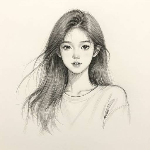 Black-and-white digital sketch of a young Asian woman with long, straight hair, wearing a simple shirt, looking directly at the viewer.