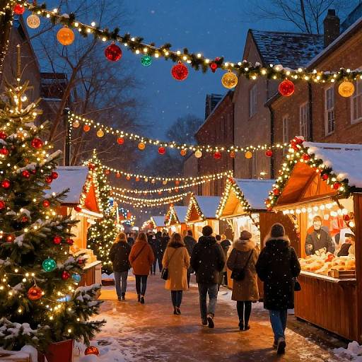 Photograph of a festive, snowy evening Christmas market with colorful lights, Christmas trees, and warmly dressed people browsing wooden stalls.